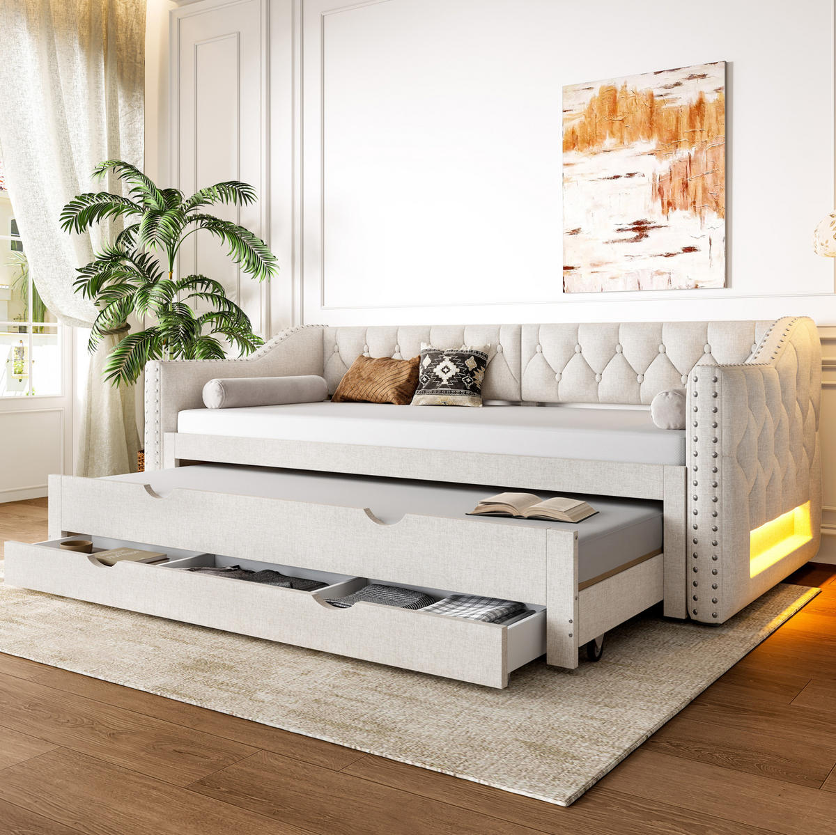 POLSTERBETT 90/200 cm Beige mit LED-Beleuchtung und 3 Schubladen - Beige, Textil (90/200cm) - Flora Grace