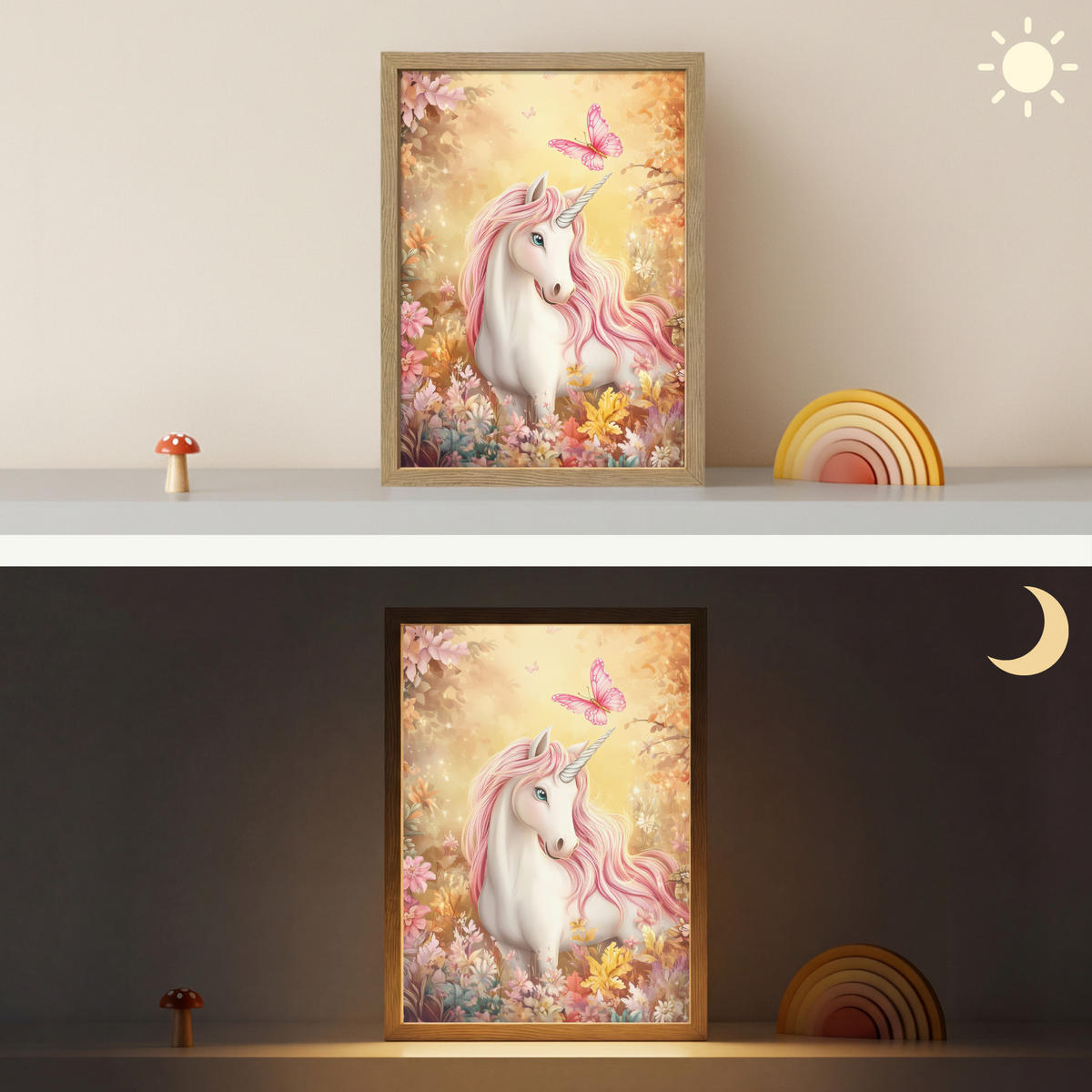 NÁSTĚNNÁ LAMPA S AKUMULÁTOREM Jednorožec - Květiny - Motýl - Růžová 30x40 cm - béžová, kompozitní dřevo (30/40/8cm) - OnlyWow