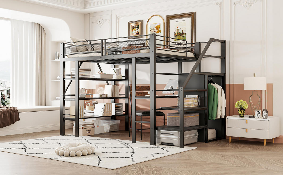 HOCHBETT 140x200 cm Schrank Tisch schwarz - Schwarz, Metall (140/200cm) - LEBENLANG