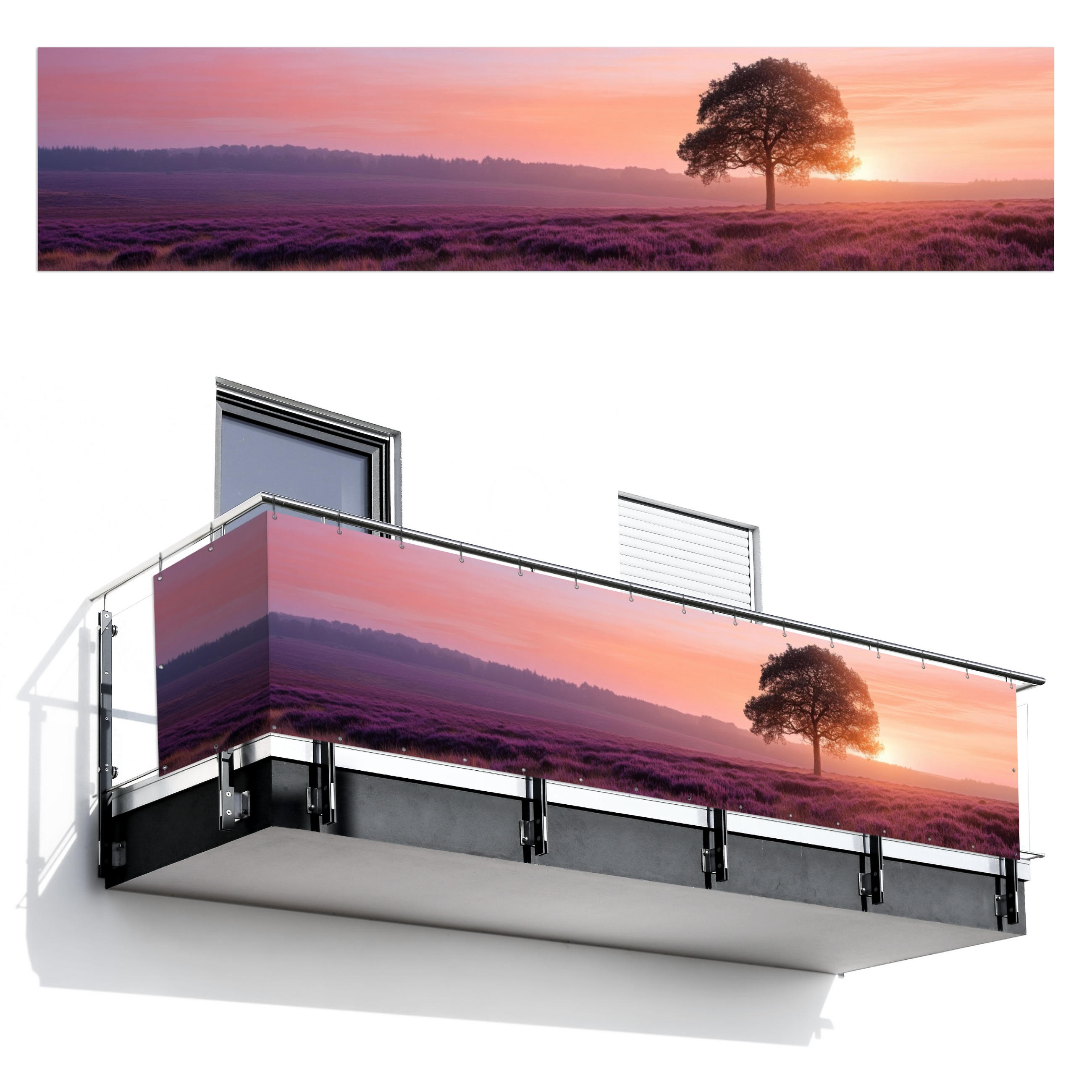 BALKON-SICHTSCHUTZ Baum - Heidekraut - Sonnenaufgang - Flieder, Kunststoff (500/110cm) - MuchoWow
