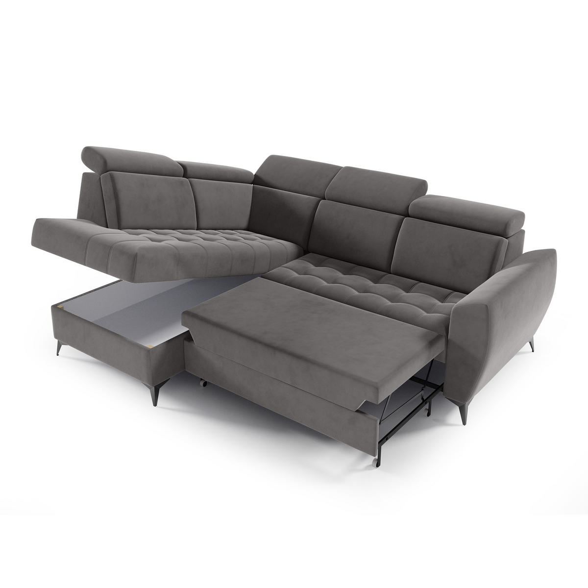 ECKSCHLAFSOFA Aurora II mit verstellbare Kopfstützen, Dunkelgrau, links - Dunkelgrau/Schwarz, Textil (266/204cm) - Beautysofa