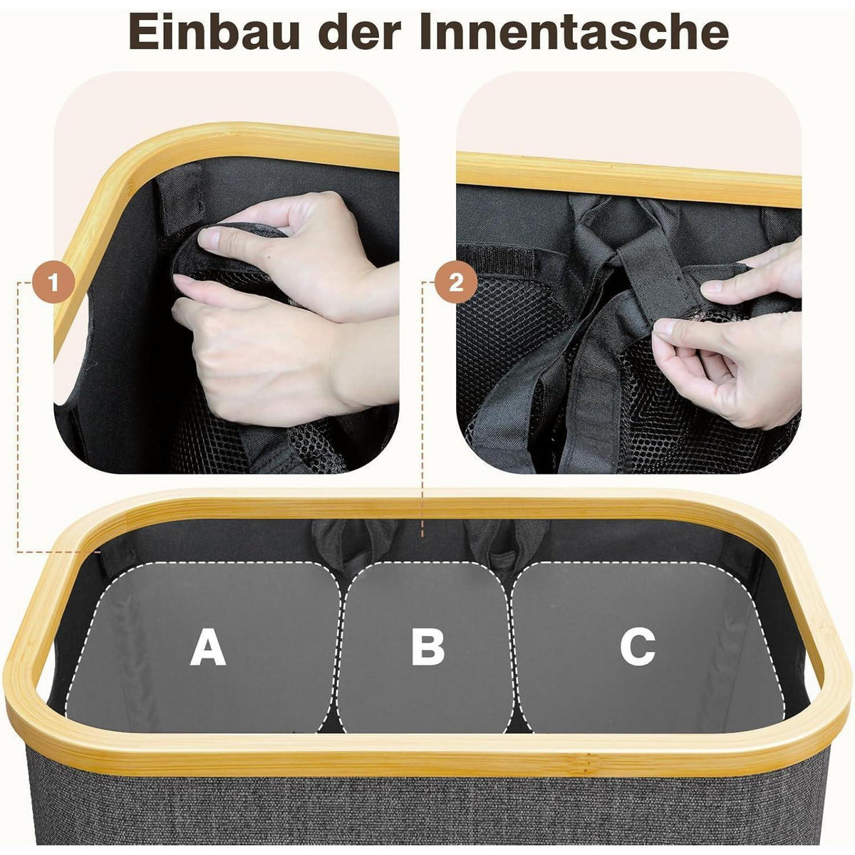 WÄSCHEKORB mit Deckel 145L 3 Fächer Dunkelgrau - Anthrazit, Textil (37/69/57cm)