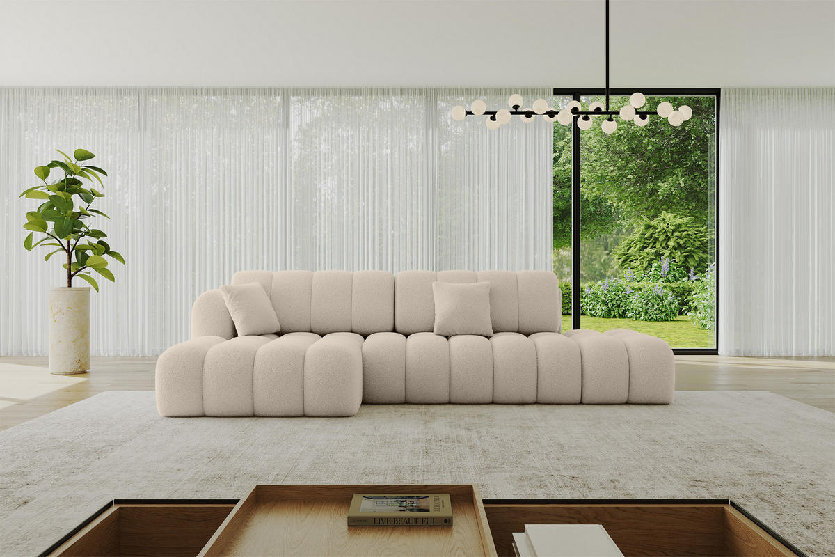 ECKSOFA mit Schlaffunktion Ottomane Links OLEA-L2 321x164x75 Dunkelbeige Bouclé - Hellbraun/Schwarz, Holzwerkstoff/Kunststoff (321/164cm) - ALTDECOR