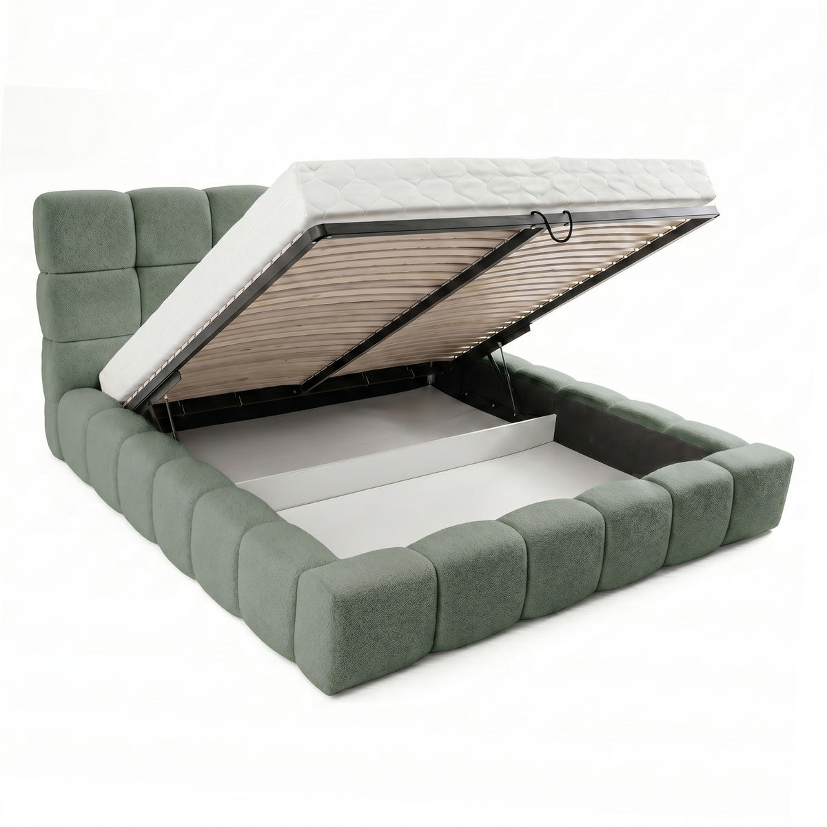 POLSTERBETT AMITY MAXI 160x200 cm in Mintgrün, gepolstertes Kopfteil, Lattenrost, Bettkasten, Bouclé-Stoff - Naturfarben/Mintgrün, Holz/Textil (160/200cm) - Muffo