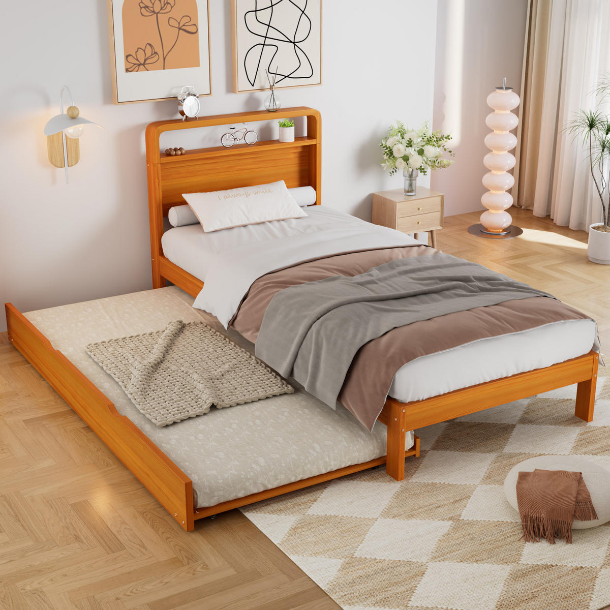 BETT 90/200 cm & 90/190 cm in Natur mit Ausziehbett und abgerundetem Kopfteil Holzdesign - Naturfarben, Holzwerkstoff (90/200cm) - STILVORA