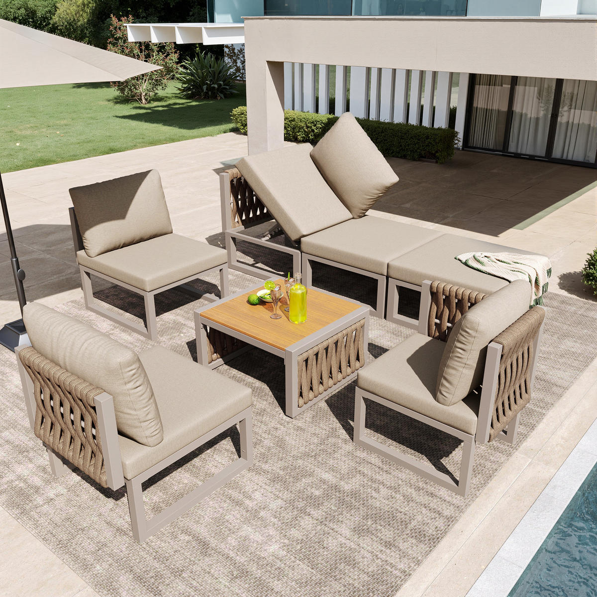 GARTENMÖBEL Set für 6 Personen mit Sitzkissen Loungesessel Doppelliege - Beige, Metall - FLIEKS