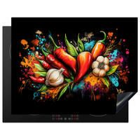 HERABDECKPLATTE - Gemüse - Paprika - Knoblauch - Graffiti - Farbe - Bunt - 80x55 - Rot, Kunststoff (80/55/0.2cm) - MuchoWow