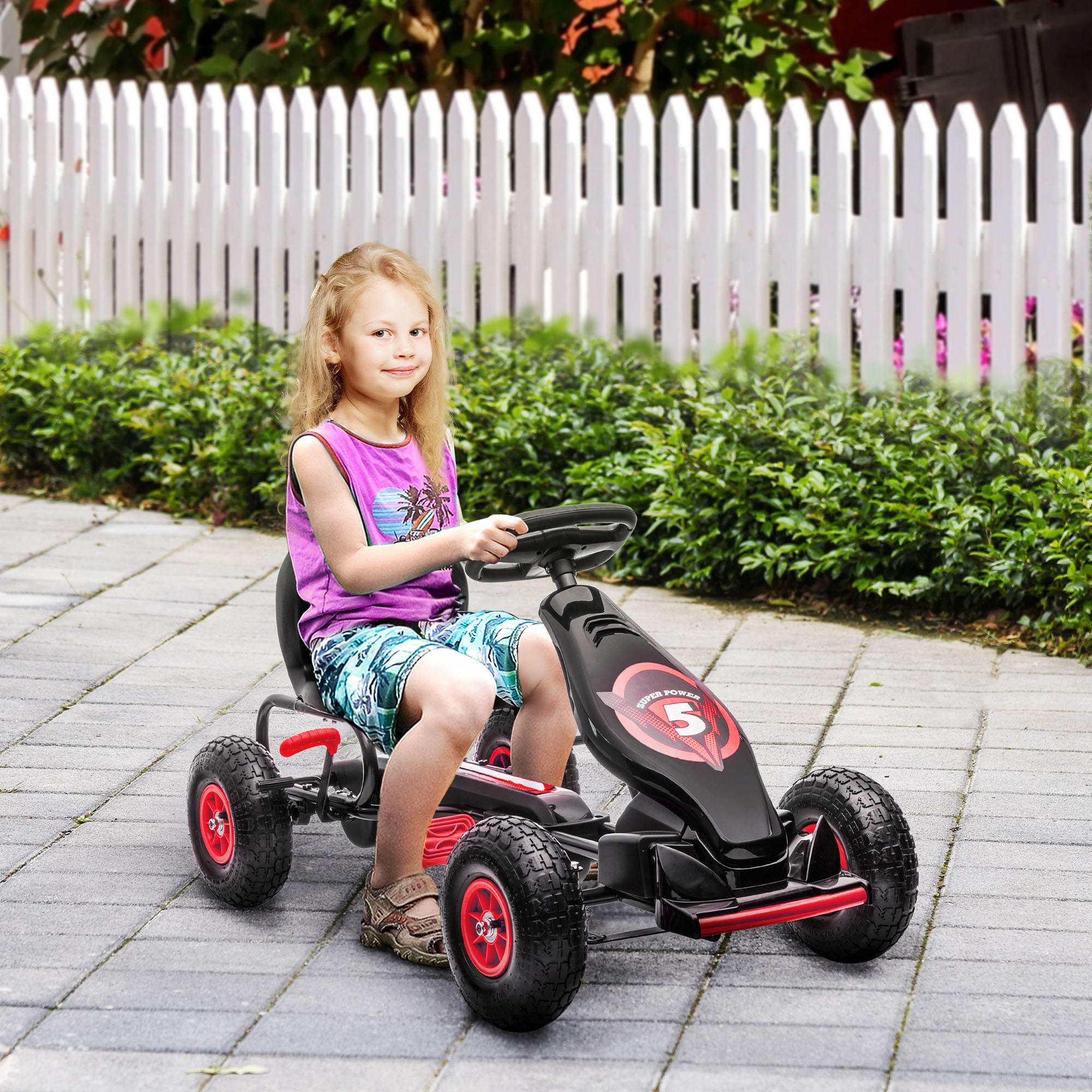GOKART, Kinderfahrzeug mit verstellbarem Schalensitz, Tretauto, Rot+Schwarz - Rot, Metall (121/58/61cm) - HOMCOM