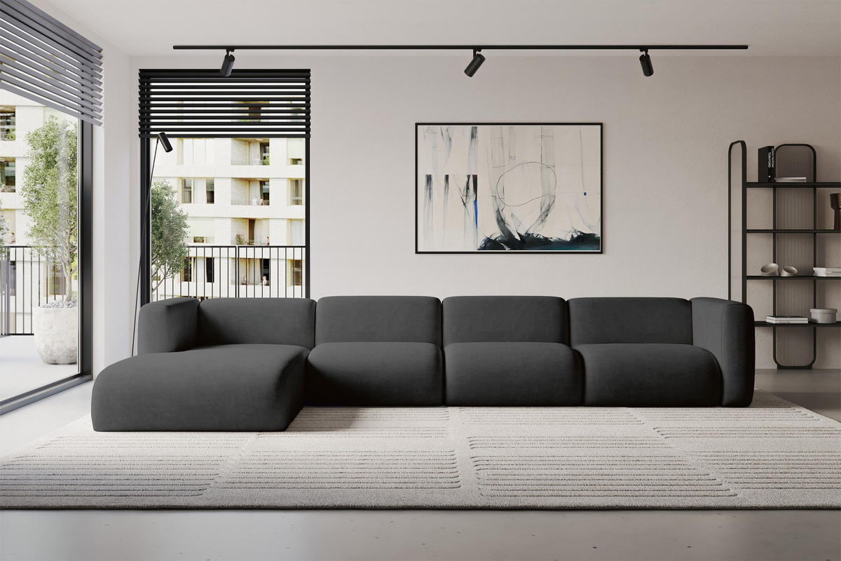 ECKSOFA Ottomane Links MIRA-L3 409x179x70 Schwarz Velours - Anthrazit/Schwarz, Holzwerkstoff/Kunststoff (409/179cm) - ALTDECOR
