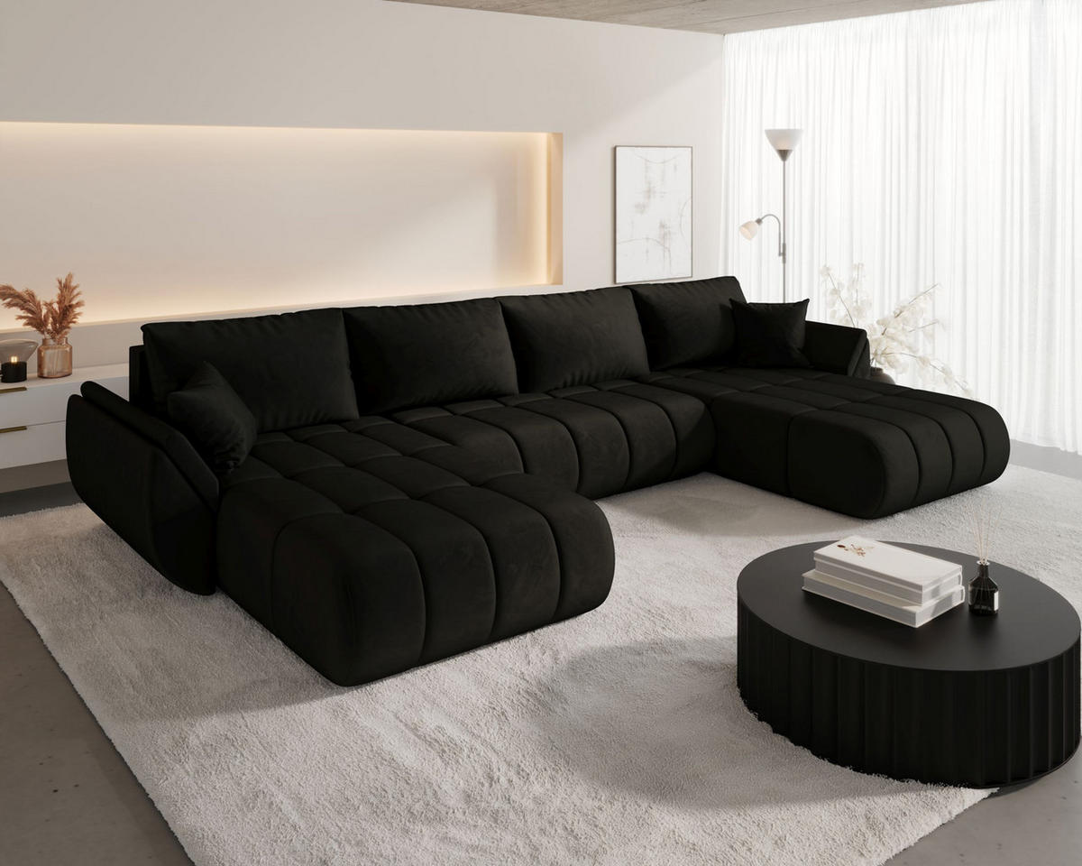 WOHNLANDSCHAFT SYDNEY PREMIUM U-Form graphit Velours Monolith 95 - Schlaffunktion, Bettkasten - Anthrazit, Textil (385/85/175cm) - Cornero
