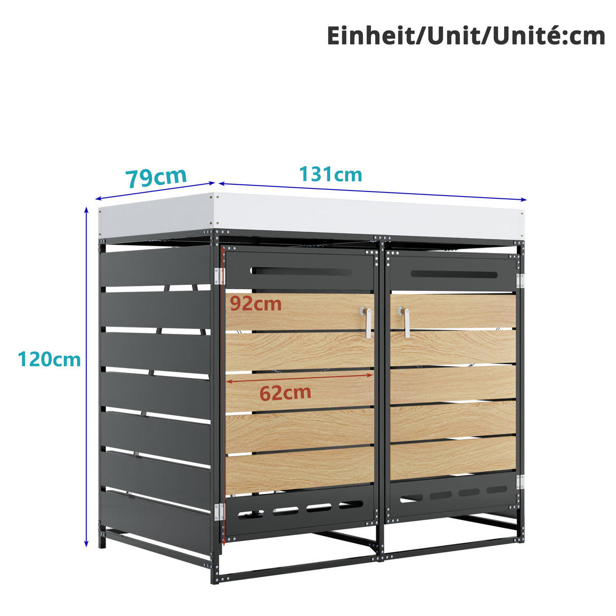 MÜLLTONNENBOX Pflanzkasten Holzoptik horizontal Schloss - Schwarz, Metall (131/120/79cm) - LEBENLANG