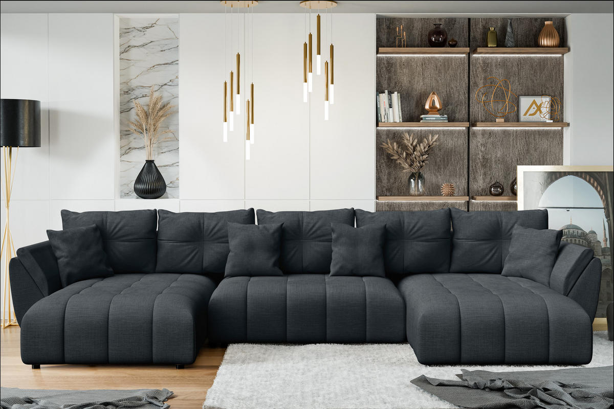 WOHNLANDSCHAFT Antalya Grau 382/190/91 cm – Sofa mit Bettfunktion - Schwarz/Grau, Kunststoff/Textil (382/91/190cm) - AX Living