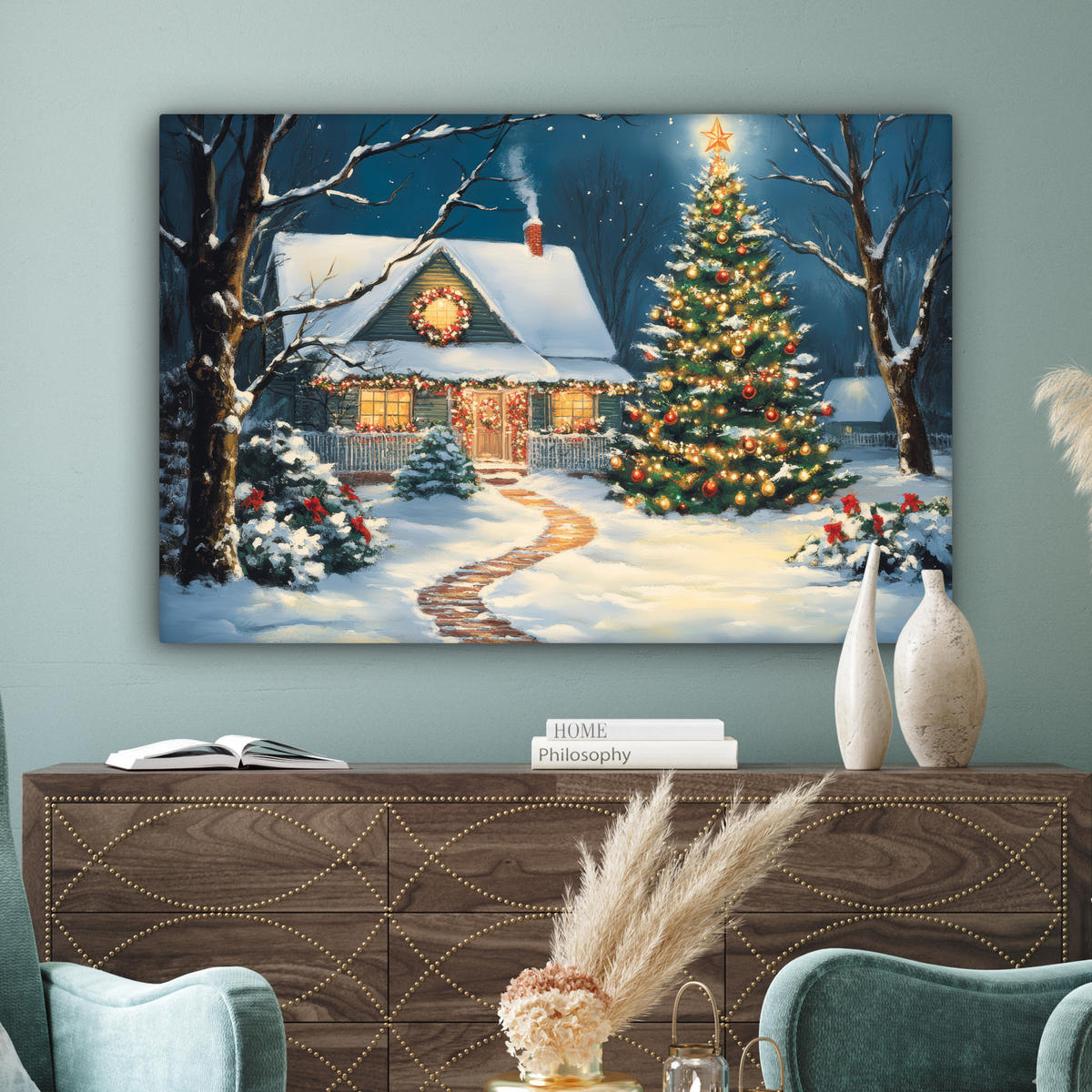 LEINWANDBILD Weihnachten - Weihnachtsbaum - Winter - Zuhause - Schnee Wohnzimmer Groß 120x80 cm - Smaragdgrün, Textil (120/80cm) - MuchoWow