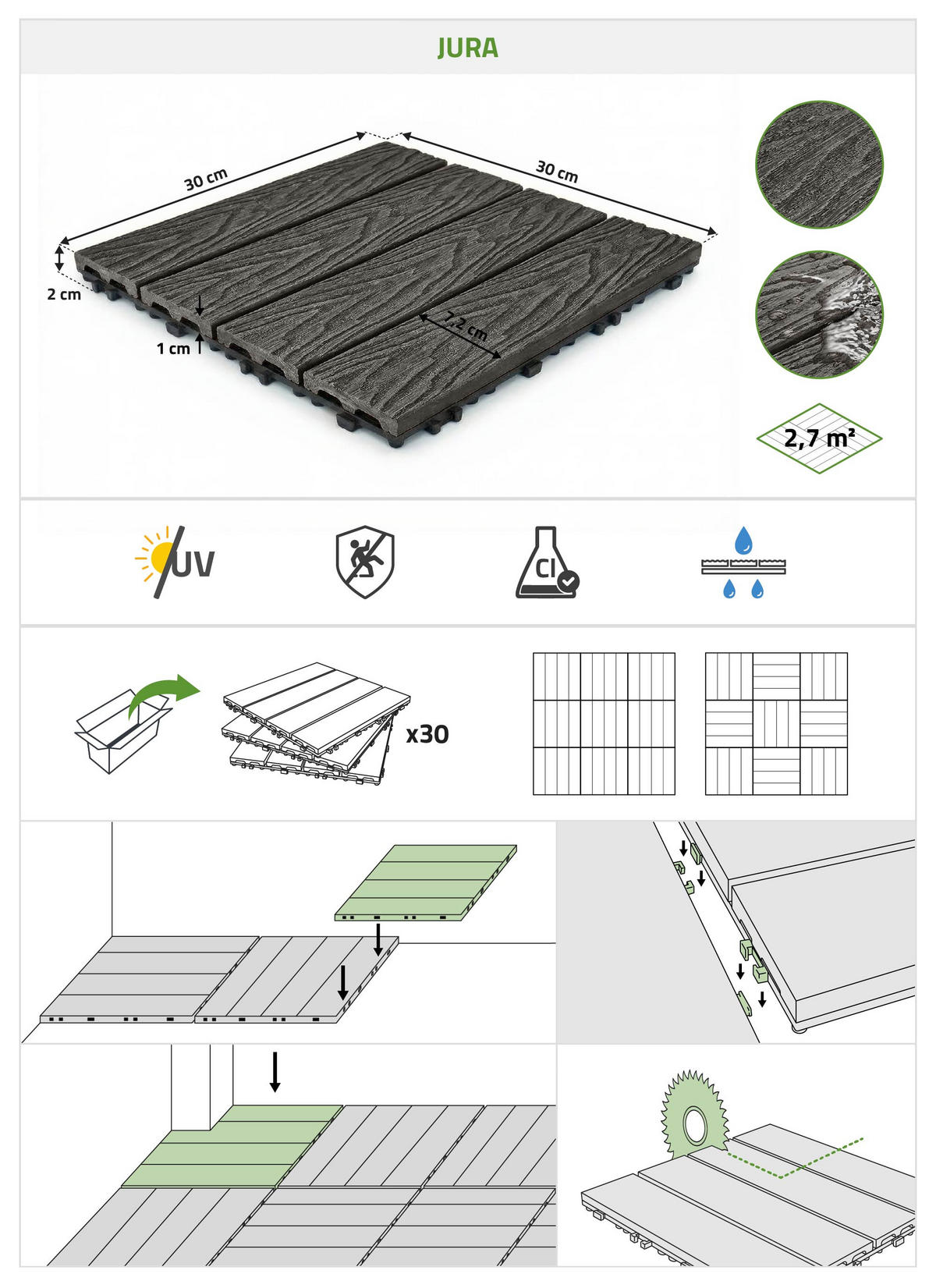 30ER-SET Terrassenplatten aus JURA-Verbundwerkstoff in grauer Holzoptik, 30 x 30 cm - Grau, Holzwerkstoff (30/30/2cm) - Casanoov