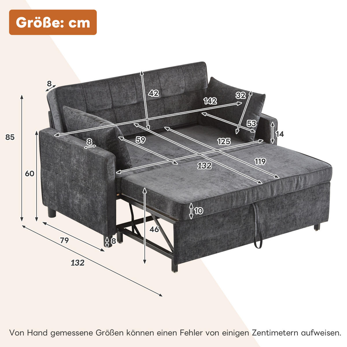 SCHLAFSOFA aus Chenille 174x125 cm Antique Black mit Schlaffunktion, verstellbarer Rückenlehne und 2 Kissen - Schwarz, Kunststoff (142/85/79cm) - Modfu