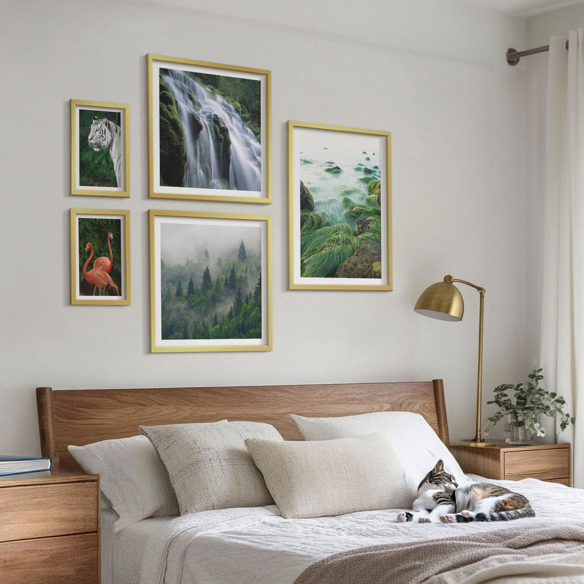 WANDBILDER 5er Set - 50x50 cm & 20x30 cm & 40x60 cm Goldrahmen - Tiger Wasserfall Flamingos Natur - Goldfarben, Kunststoff (40/60cm) - ArtPrintCave