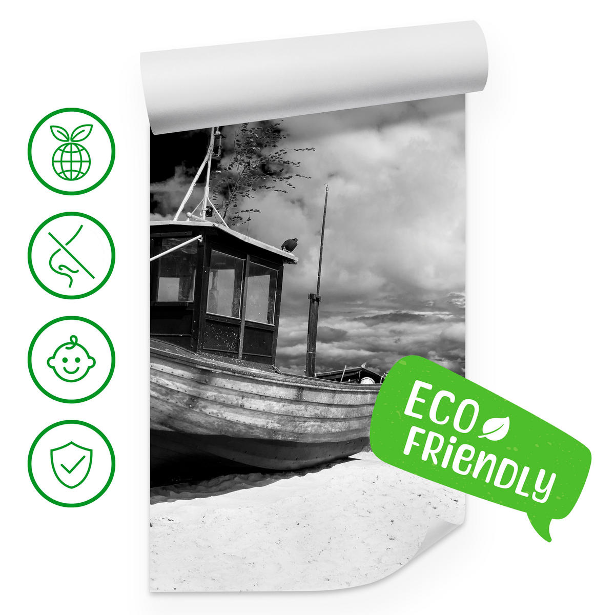 FOTOTAPETA Pre Obývaciu Izbu Čierno-Biela Loď Pláž More 450 x 315 cm - čierna/sivá, papier (450/315cm) - Muralo