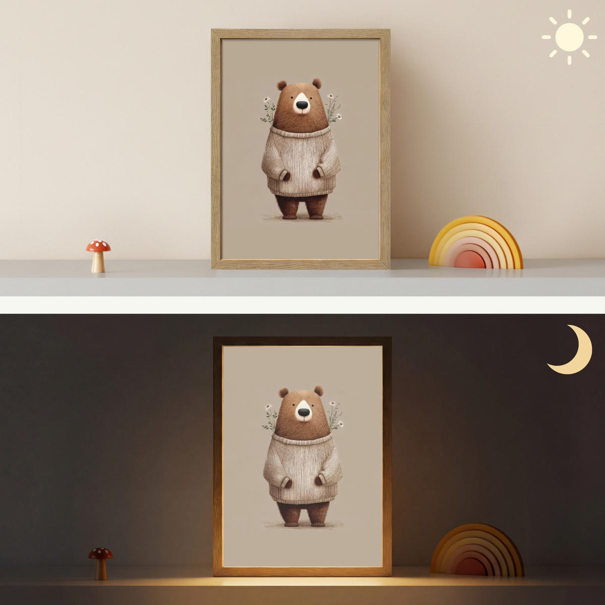 NÁSTĚNNÁ LAMPA S AKUMULÁTOREM Medvěd - Bílé květy - Cosy 30x40 cm - šedohnědá, kompozitní dřevo (30/40/8cm) - OnlyWow