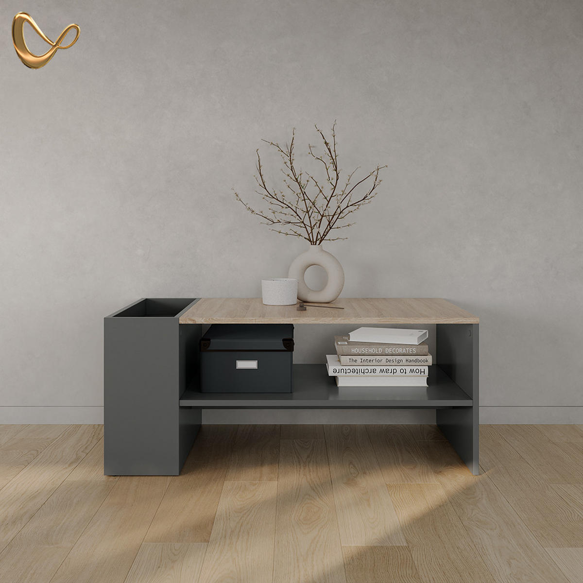 COUCHTISCH Piave Anthrazit/Sonoma mit Regalen - Anthrazit/Sonoma Eiche, Holzwerkstoff (55/100/42cm) - Livinity®