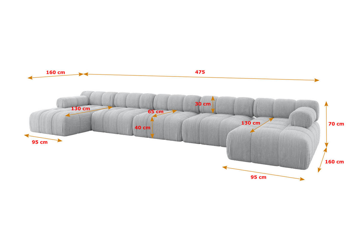 WOHNLANDSCHAFT modulares Sofa Tesso-U3 - 475x160x70 cm Grau Cord - Grau, Holzwerkstoff/Textil (475/70/160cm) - ALTDECOR