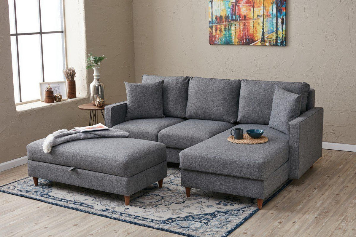 ECKSOFA mit Hocker, Schlaffläche - Walnussfarben/Braun, Holz/Kunststoff (155/210cm) - myHomelando