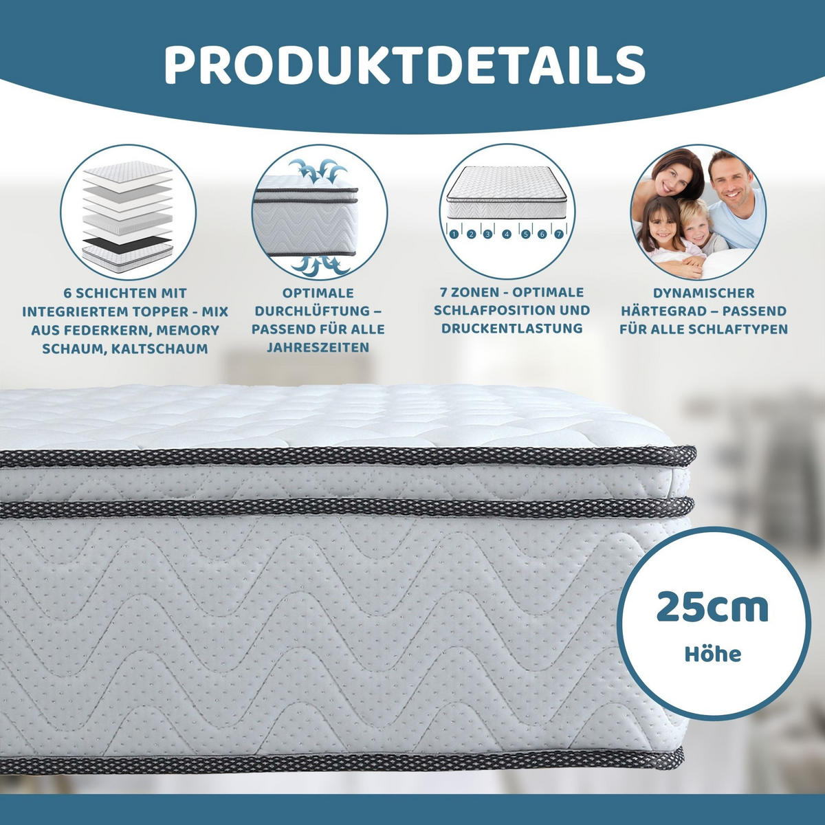 TASCHENFEDERKERNMATRATZE VIKTORIA Höhe 25cm 180x200cm - Weiß, Textil/Metall (180/200cm) - Arensberger