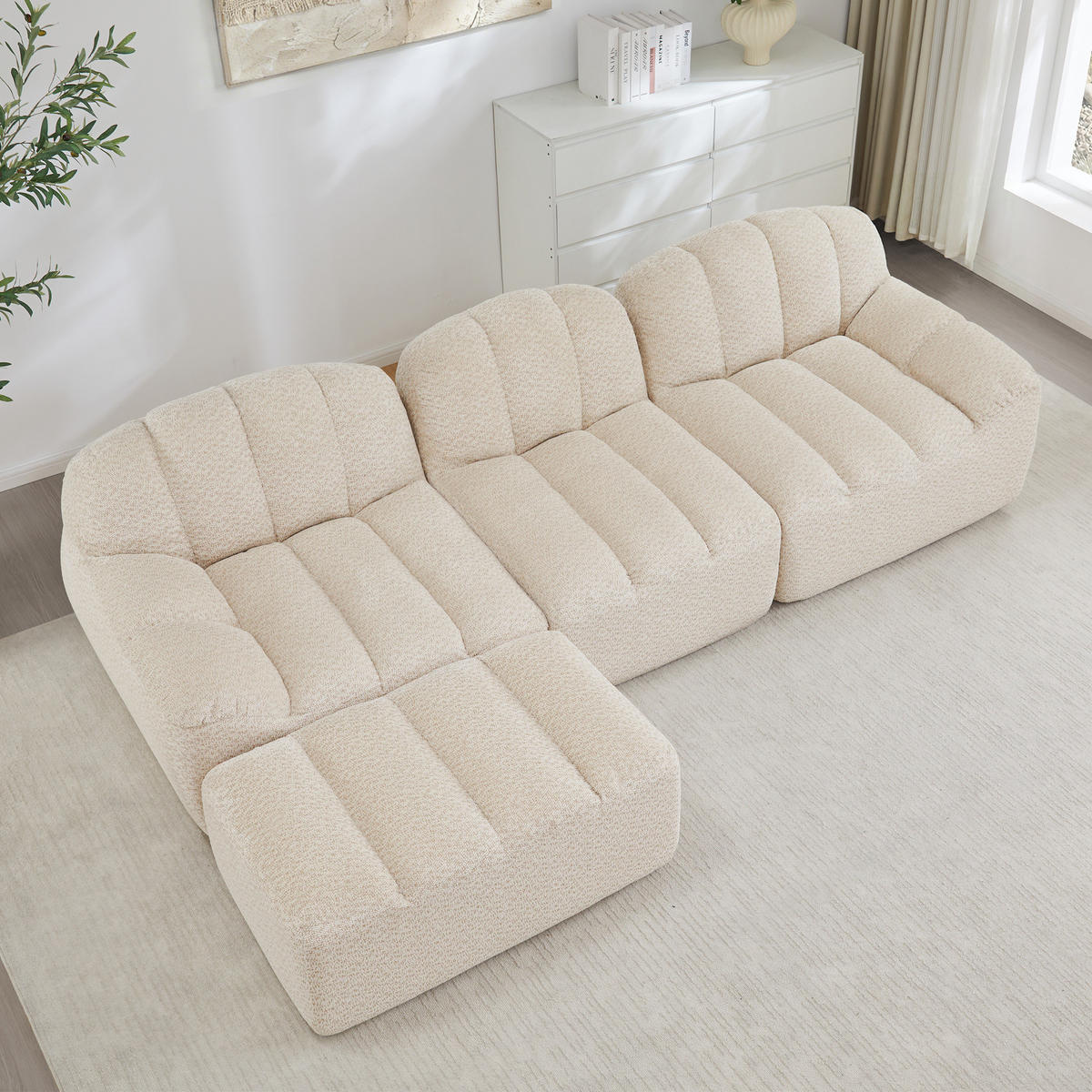 ECKSOFA 288/165/79 cm Beige-Weiß aus granuliertem Fleece modular mit Ottoman - Creme, Textil (165/288cm) - OKWISH
