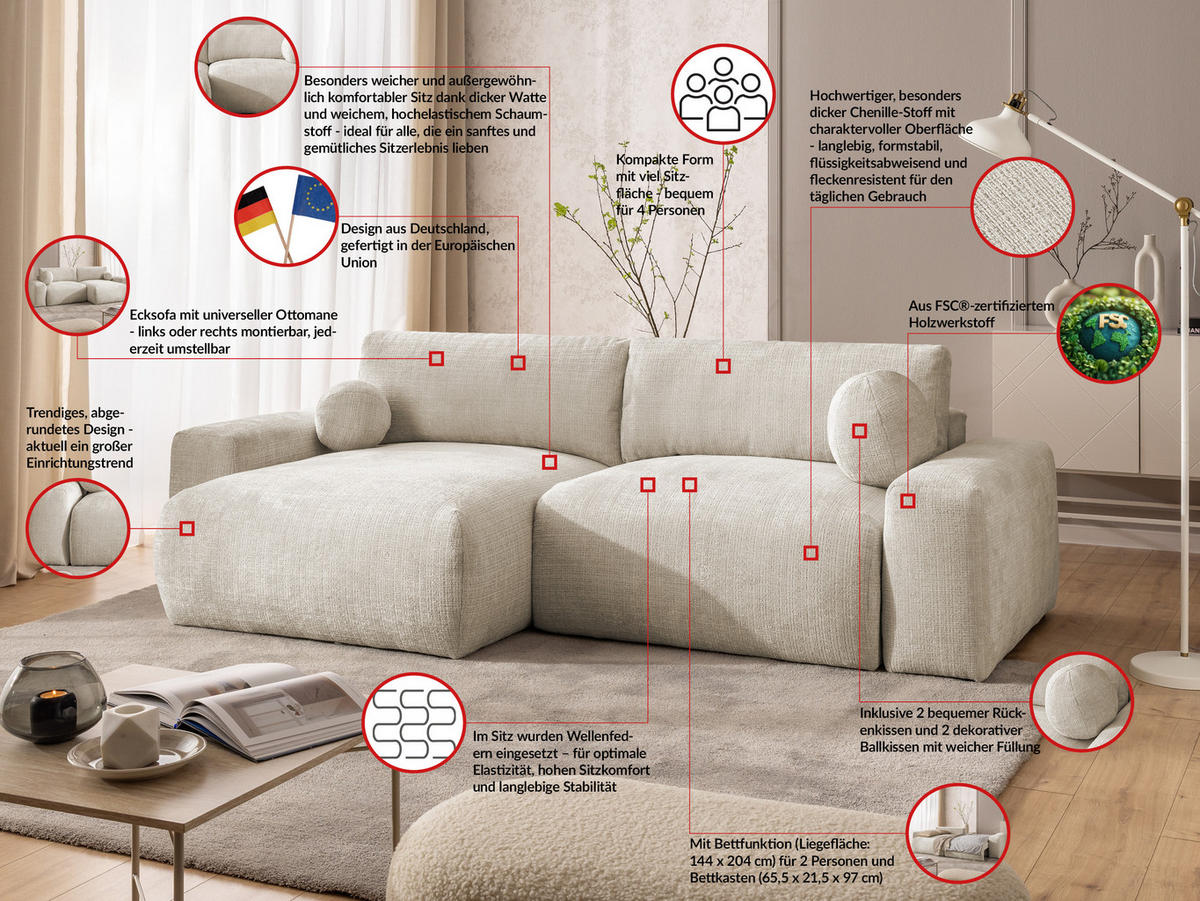 ECKSOFA Puffy mit Schlaffunktion und Bettkasten - besonders weich und puffig aus Beige Chenille-Stoff - Ottomane links - Beige/Creme, Holz/Kunststoff (138/266cm) - S-Style Möbel