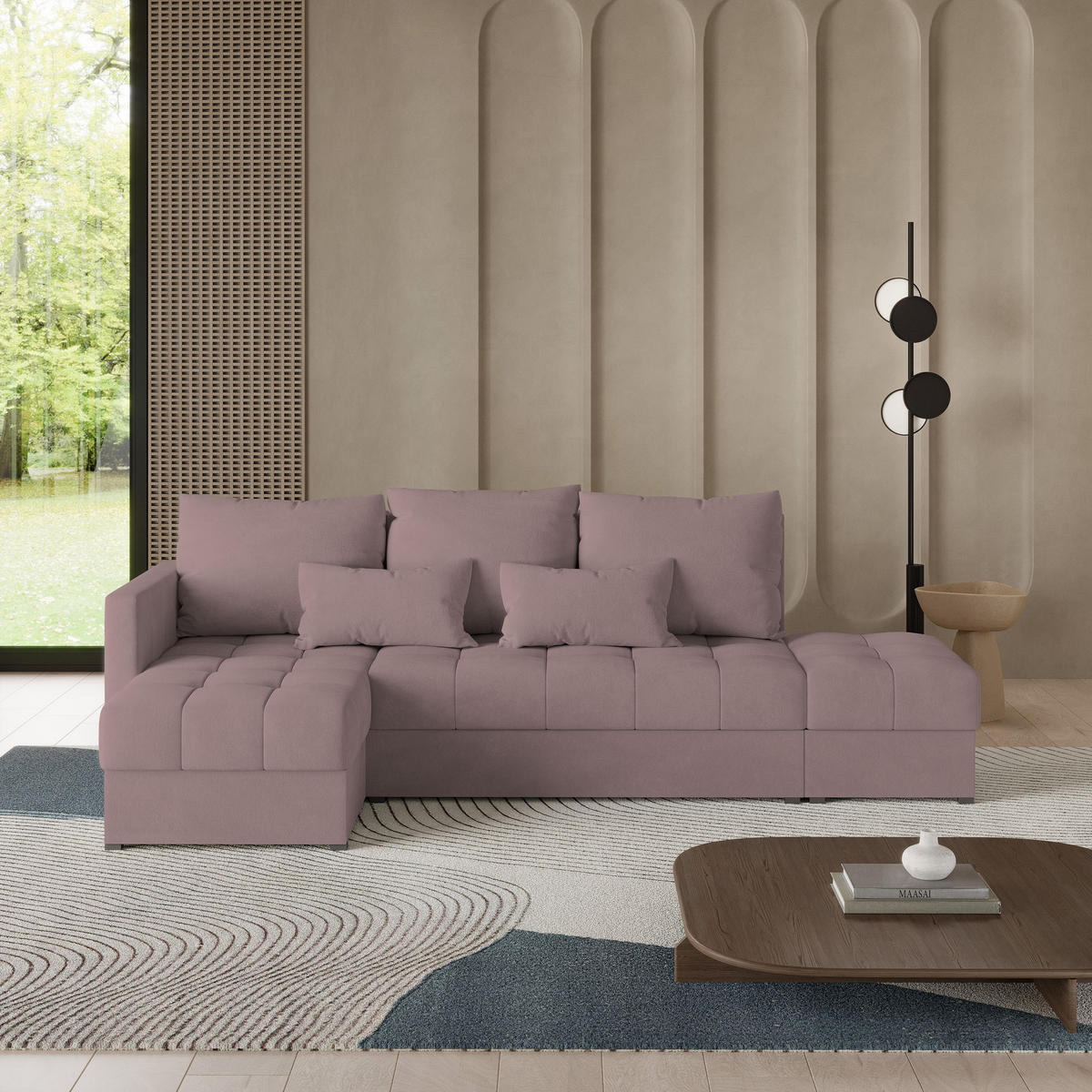 ECKSOFA LUMARI L-S Rosa Plüsch-Stoff mit Schlaffunktion - Rosa, Holz (262/143cm) - MASSENO