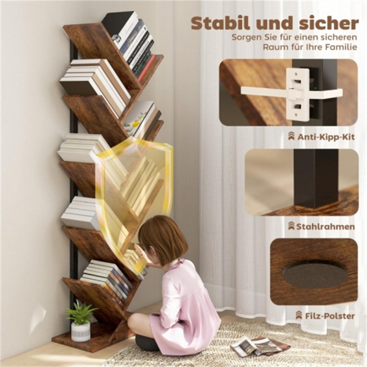 BÜCHERREGAL baumförmig, 9 Ebenen schmales Standregal rustikal braun, Maße 50 x 24 x 136 cm - Braun, Holz (50/136/24cm) - AKL FURNITURE