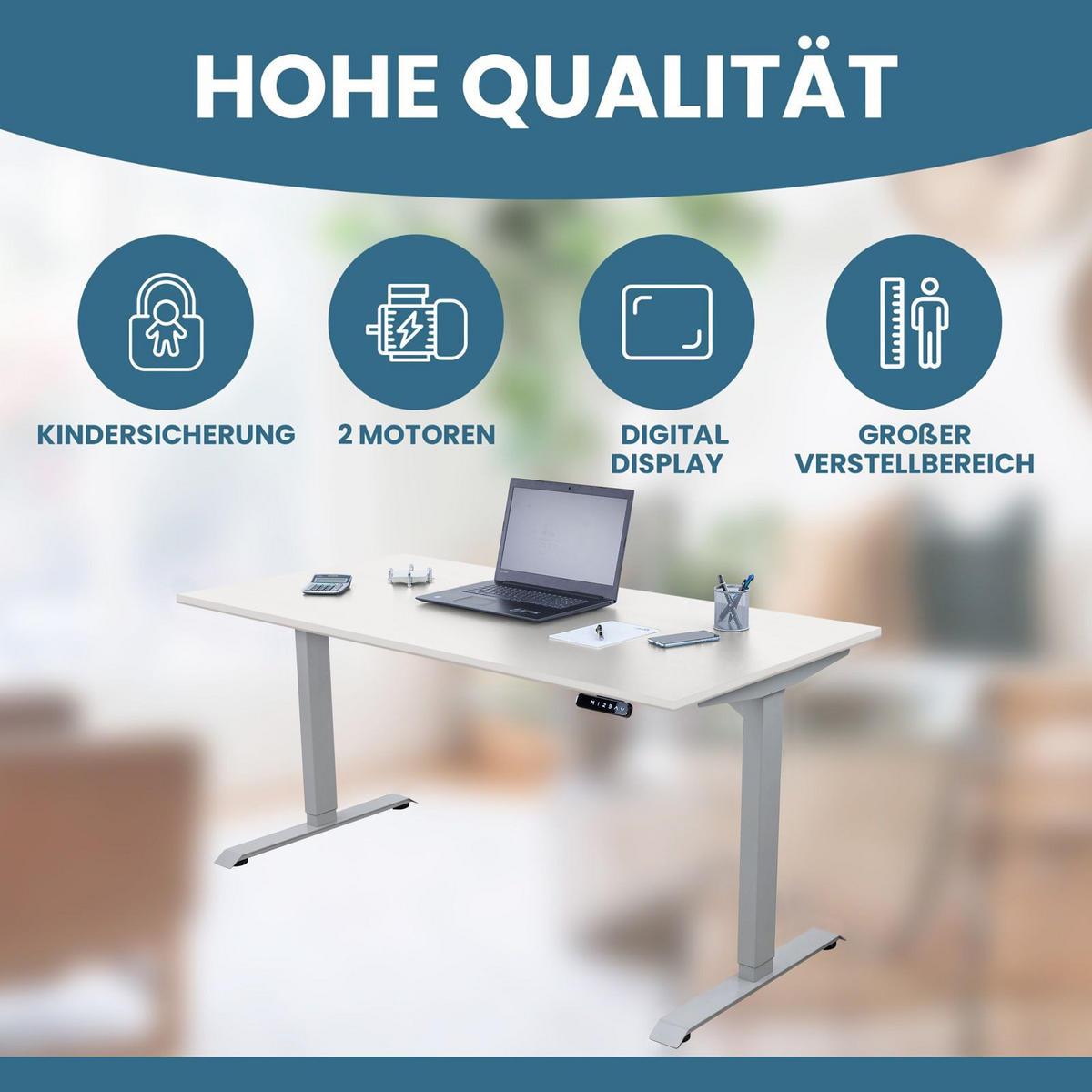 SCHREIBTISCH elektrisch premium höhenverstellbar ergonomisch 3 individuelle Höhen - Weiß, Metall (160/60/70cm) - Schaff