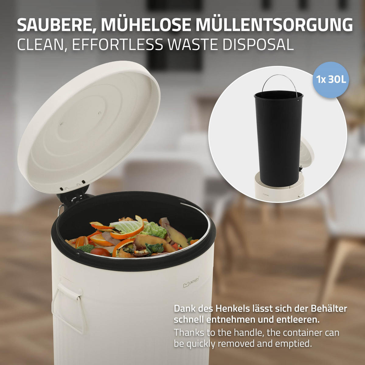 ODPADKOVÝ KOŠ do kuchyně, 30 l, s nožním pedálem a víkem se systémem Softclose, béžový, z oceli - béžová, kov (31/68/37cm) - ML-DESIGN