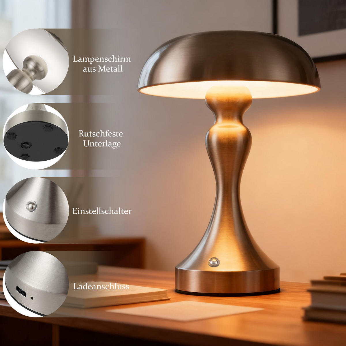 LED stolní lampa Achard 15,5/15,5/22 cm - stříbrná, kov (15.5/15.5/22cm) - Nettlife