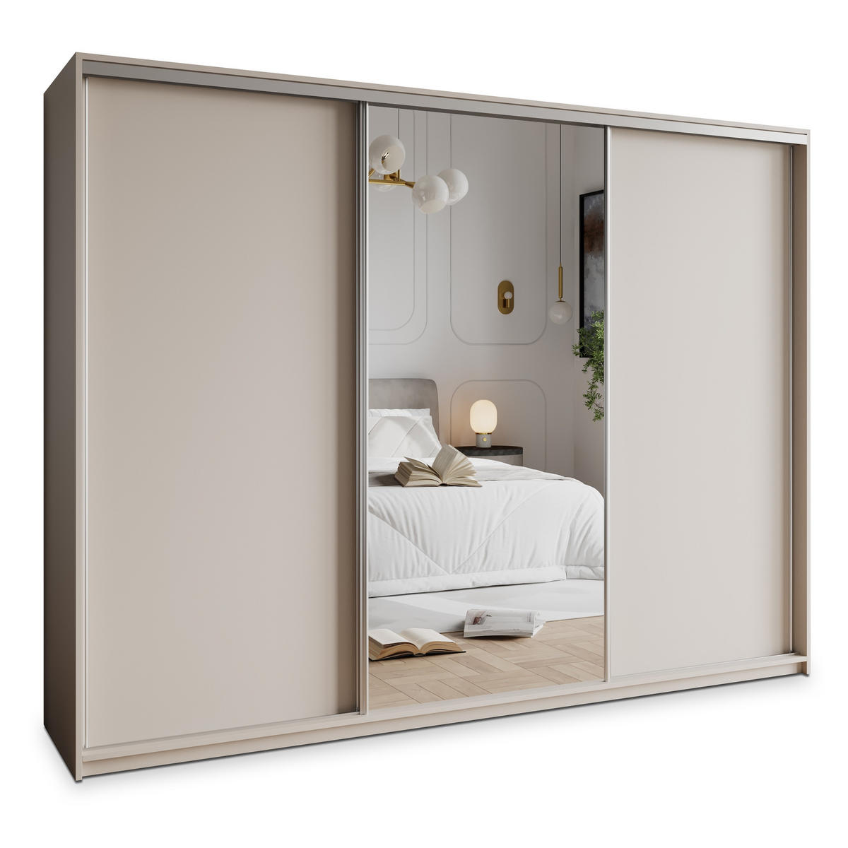 SCHWEBETÜRENSCHRANK TAVI 250/205/60 cm 3-türig mit Spiegel und Schubladen Kaschmir - Kaschmir/Nickelfarben, Holzwerkstoff (250/205/60cm) - MASSENO