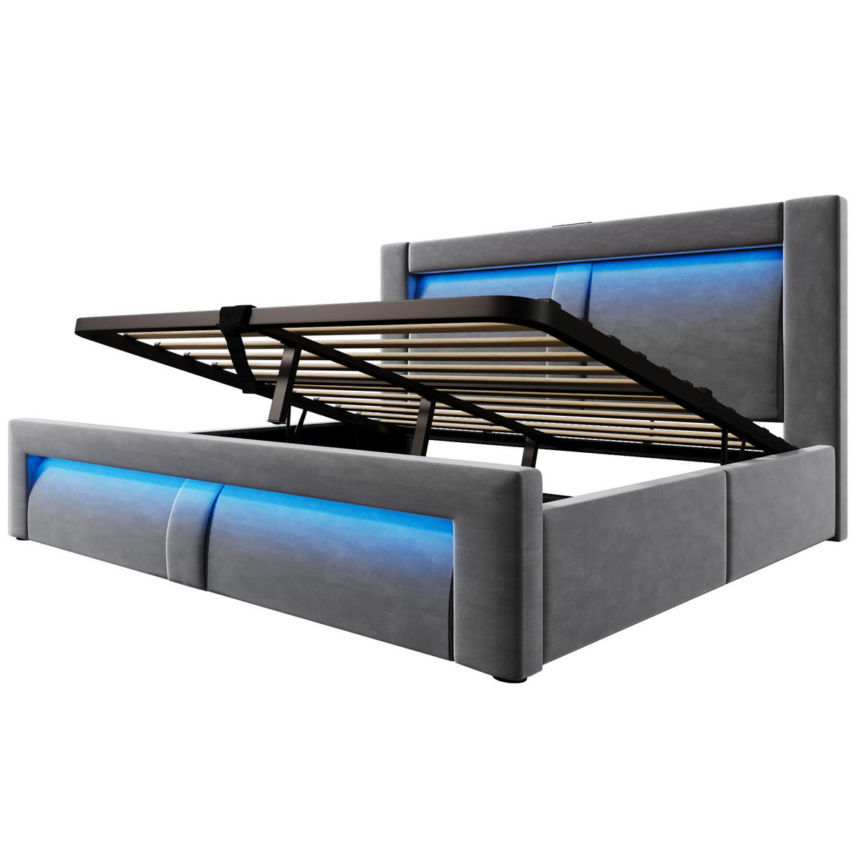 POLSTERBETT 140/200 cm grau aus Samt mit Stauraum, LED und Ladefunktion - Grau, Textil (140/200cm) - OKWISH