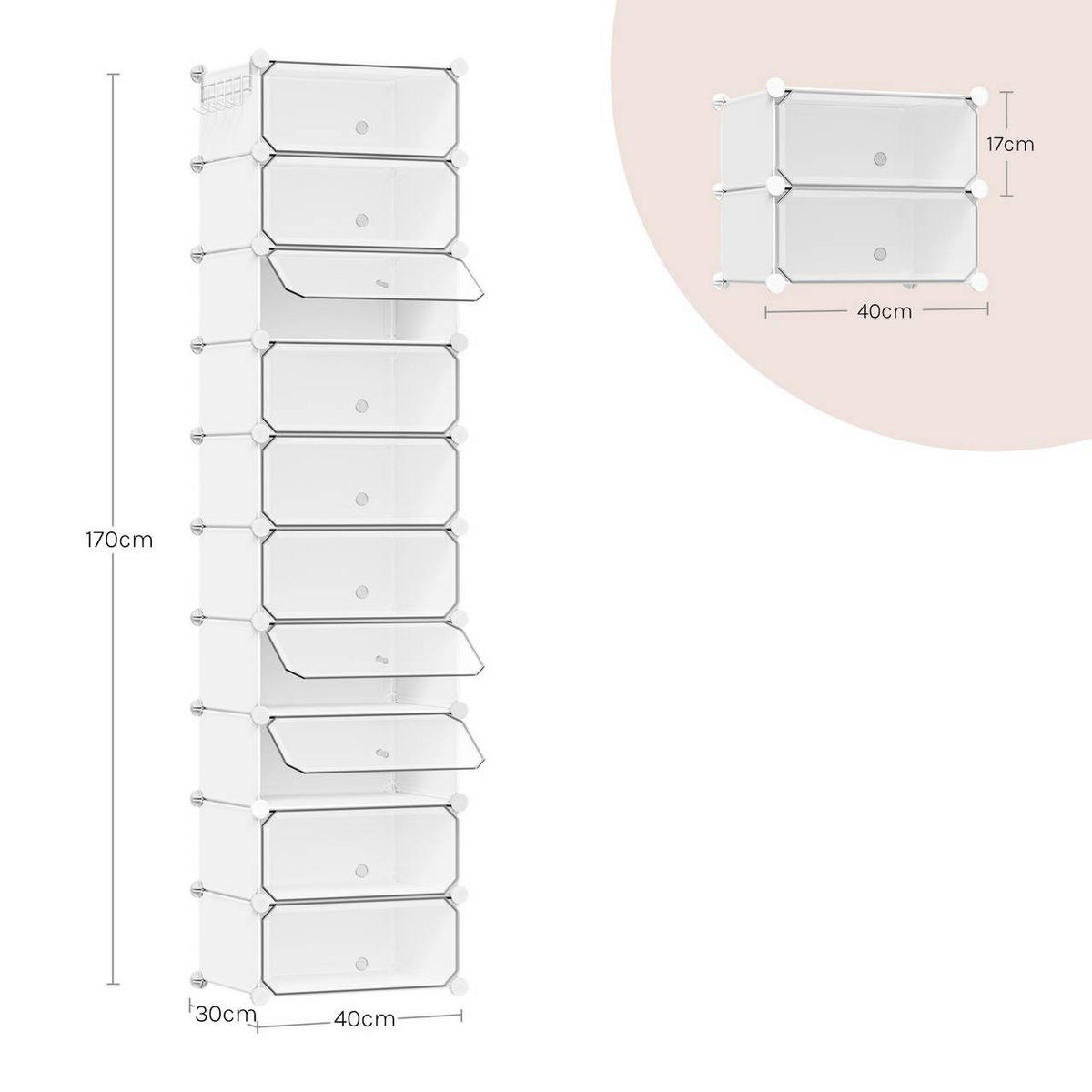 SCHUHBOX 10 Fächer, mit Haken, 40x30x170 cm, Weiß - Weiß, Kunststoff/Metall (40/170/30cm) - Woltu