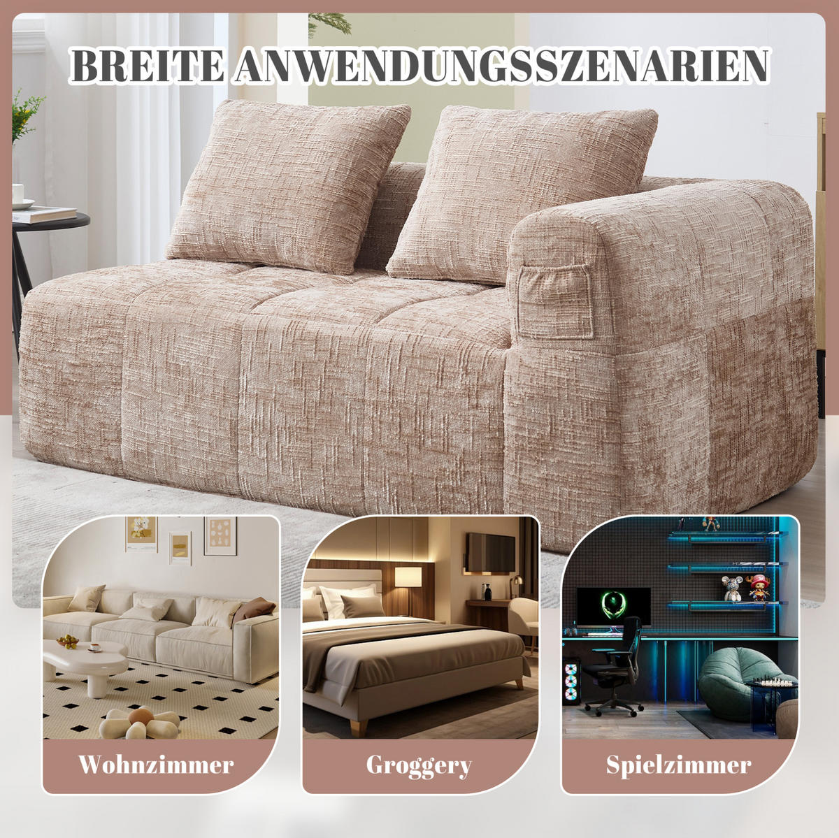 2-SITZER-SOFA 158/90/60 cm khaki aus Chenille mit Seitentaschen - Sandfarben, Textil (60/158/90cm) - Modenvie