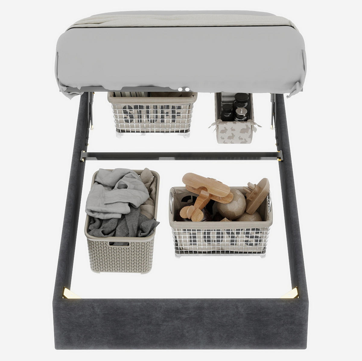 POLSTERBETT 90/200 cm grau aus Stoff und Metall mit Stauraum - Grau, Textil (90/200cm) - OKWISH