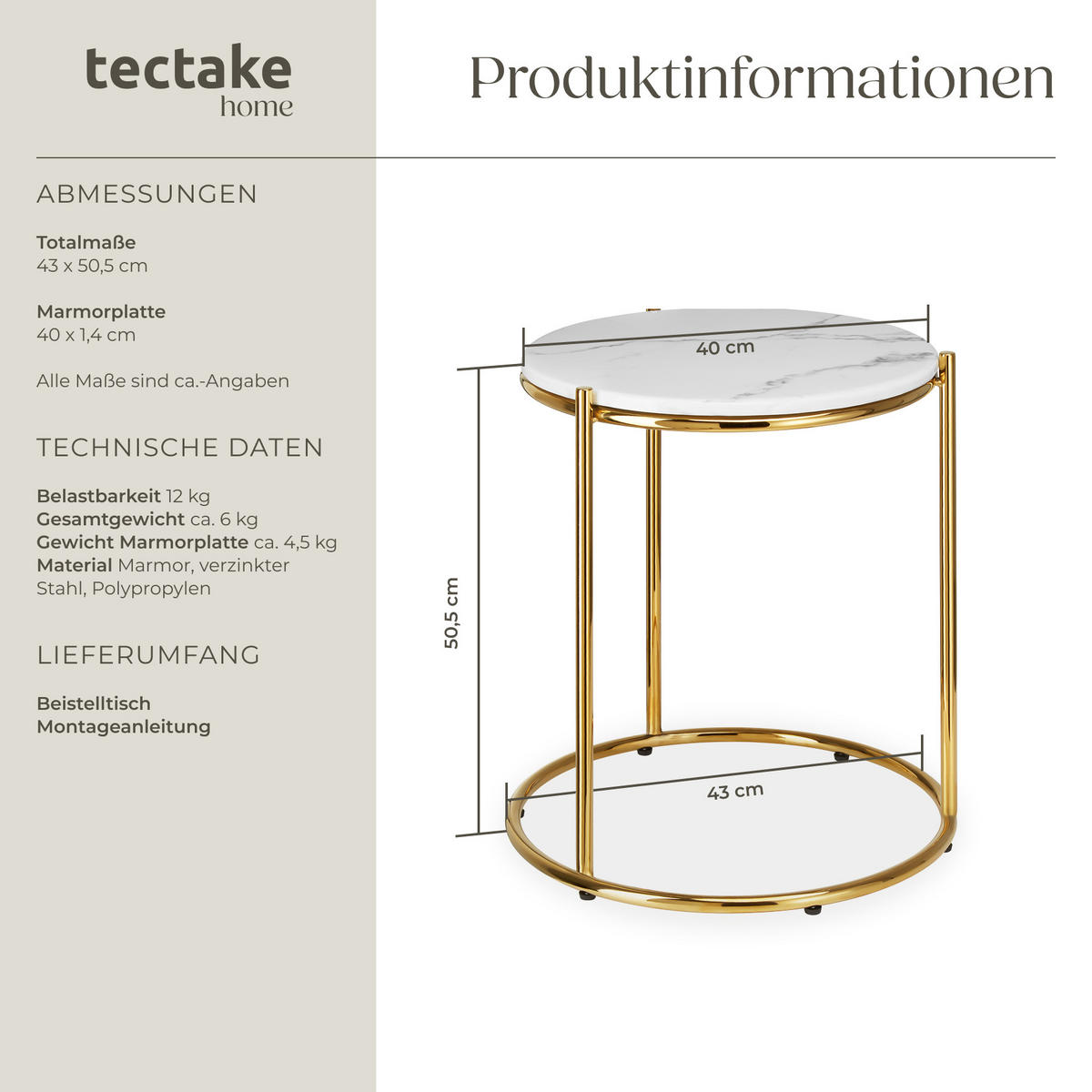 BEISTELLTISCH Ellsa,43 x 43 x 50,5 cm,weiß/gold - Goldfarben/Weiß, Stein (43/43/50.5cm) - tectake