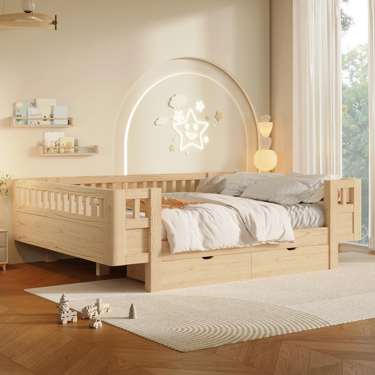KINDERBETT 140/200 cm in Holzfarben mit 2 Schubladen Massivholz Skandi-Design - Naturfarben, Holzwerkstoff (140/200cm) - STILVORA