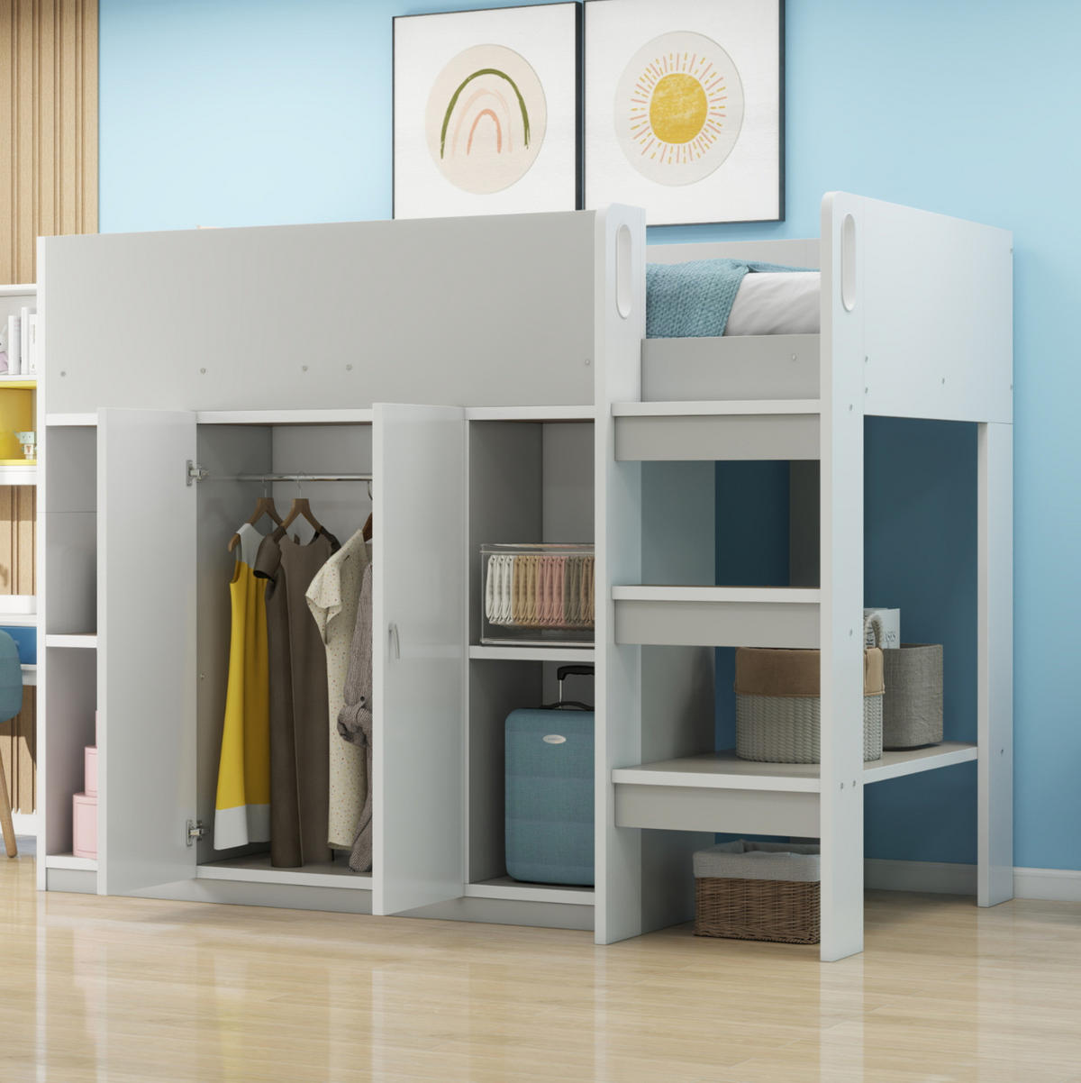HOCHBETT 90/200 cm in Grau/Weiß mit Schrank, Regalen und Leiter - Grau, Holz (90/200cm) - Flora Grace