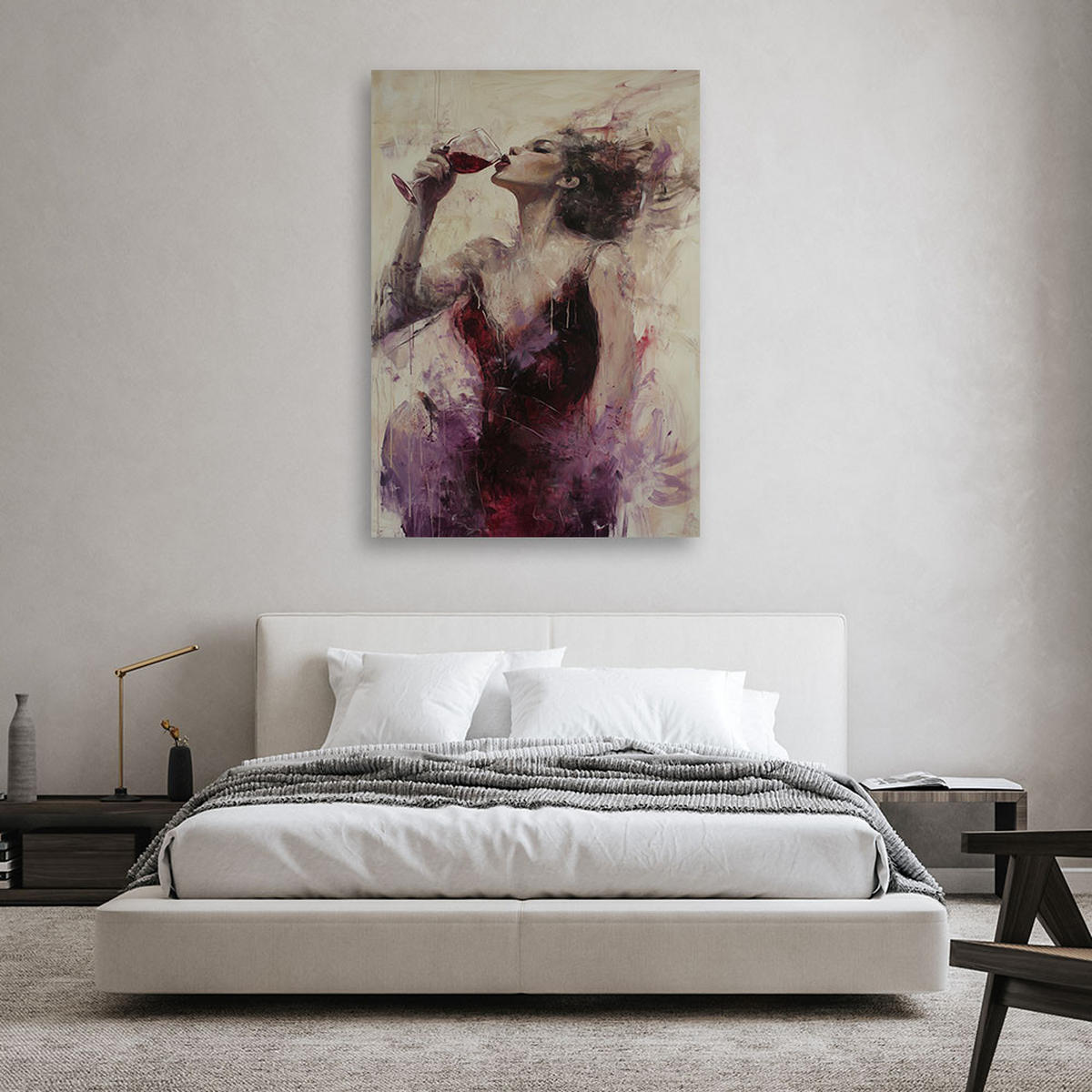 WANDBILD frau trinkt rotwein abstraktes beige - Lila, Textil (40/60cm) - Feeby