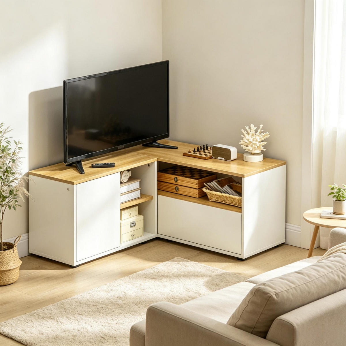TV-SCHRANK DE-40512 L-förmig mit 2 Türen und 3 offenen Fächern Hellholz/Weiß - Weiß, Holzwerkstoff (90/45/90cm) - ComfortXL