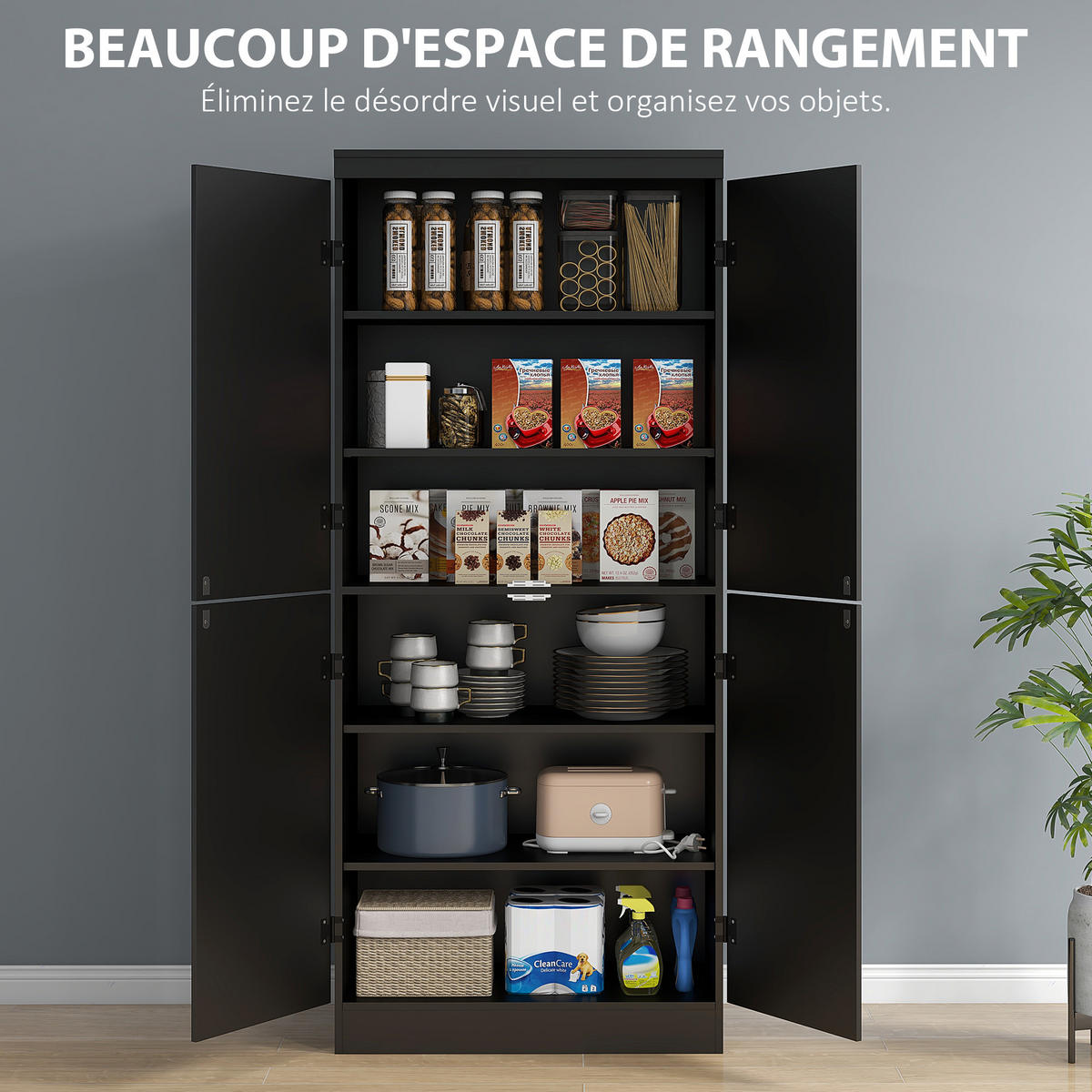 HIGHBOARD DE-11215 4 Türen & 6 Ebenen mit verstellbaren Böden Schwarz - Schwarz, Holzwerkstoff (40/176.7/76cm) - ComfortXL