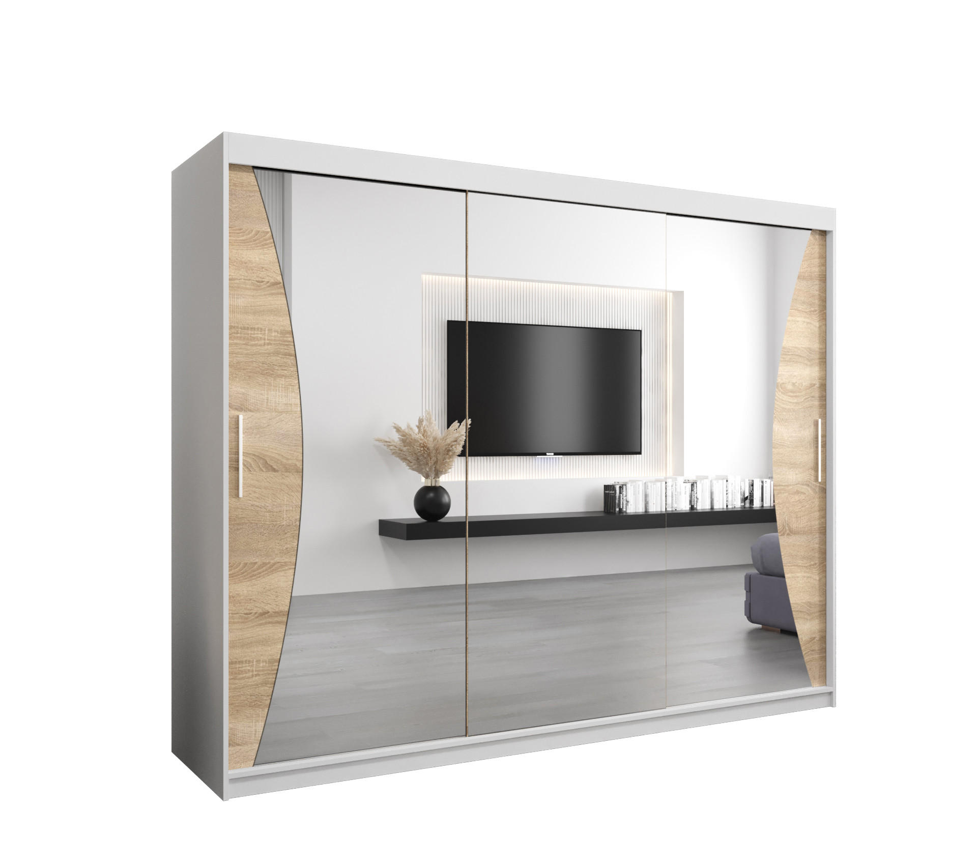 Abiks Möbel Schwebetürenschrank Weiß, Sonoma Eiche 250x200x62 cm