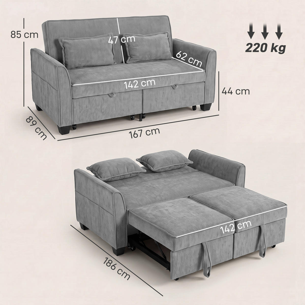 BÄDDSOFFA i polyester, grå - Grå, Textil/Plast (89/85/167cm) - HOMCOM