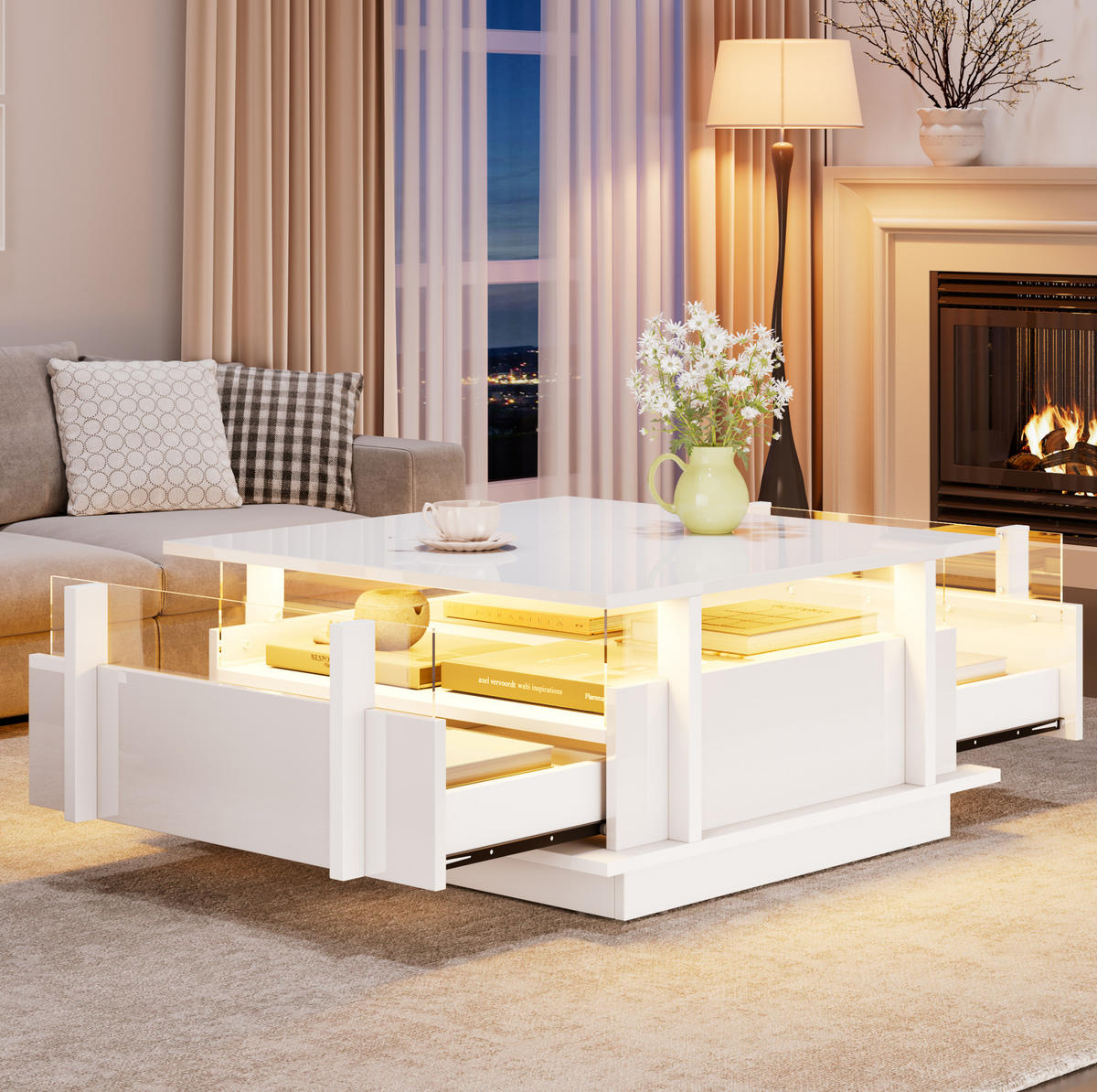 COUCHTISCH mit LED und 2 Schubladen 70x70 cm Hochglanz Weiß - Weiß, Holzwerkstoff (70/70/35cm) - Meubliv