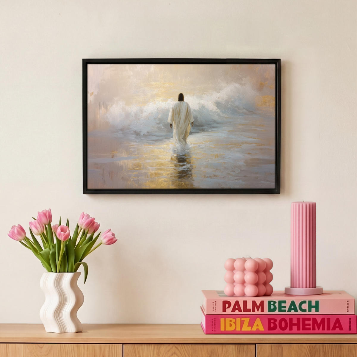 LEINWAND Bilder mit Rahmen - Gemälde - Welle - Jesus - Abstrakt - 30x20 - Goldfarben, Textil (30/20cm) - MuchoWow