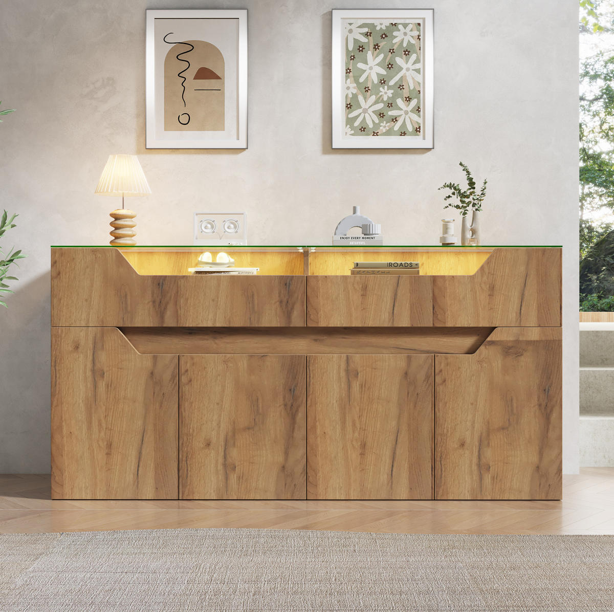 SIDEBOARD 140/40/70 cm natur aus MDF mit Glasplatte und 2 Schubladen - Naturfarben, Holzwerkstoff (140/70/40cm) - OKWISH