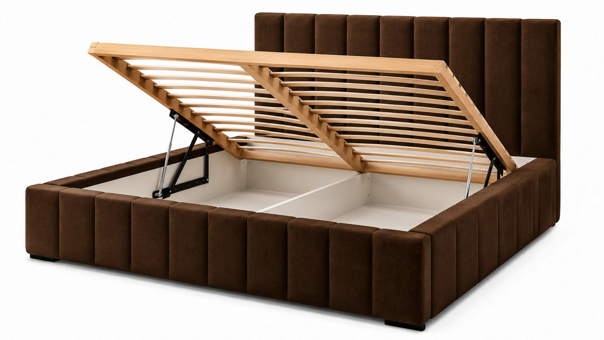 MARPUR Polsterbett NERO 180x200 cm mit Bettkasten und Lattenrost, Dunkelbraun - Chromfarben/Dunkelbraun, Holz/Holzwerkstoff (180/200cm) - Marpur